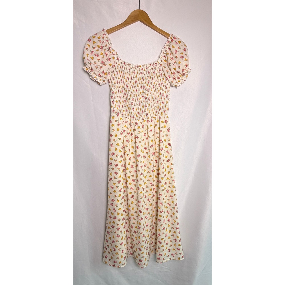 Altar'd State Floral Smocked Midi Dress Cream Red Orange Puff Sleeve Medium - Picture 2 of 5